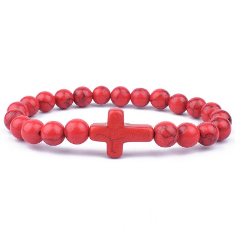 Red Howlite Bracelet,Cross Bracelet,Red Howlite Cross Bracelet,8mm Beads